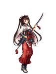  1girl armor artist_request bracer brown_hair capcom character_request faulds greaves japanese_clothes long_hair naginata official_art onimusha onimusha_soul polearm red_eyes solo twintails weapon wide_sleeves 