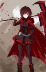  1girl boots cape highres pantyhose petals redhead rose_petals ruby_(rwby) rwby scythe short_hair skirt smile solo tagme weapon 