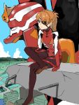  1girl blue_eyes eva_02 evangelion:_3.0_you_can_(not)_redo eyepatch long_hair mensoubou neon_genesis_evangelion orange_hair plugsuit rebuild_of_evangelion ruins shikinami_asuka_langley sky solo souryuu_asuka_langley 