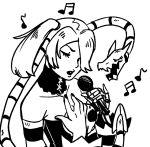  1girl bare_shoulders breasts cleavage closed_eyes detached_collar detached_sleeves hair_over_one_eye leviathan_(skullgirls) long_hair microphone monochrome musical_note side_ponytail singing skull skullgirls solo squigly_(skullgirls) striped_sleeves xuunies zombie 