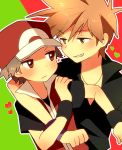  2boys arm_around_shoulder blush brown_hair green_eyes grin heart multiple_boys ookido_green pink_usagi pokemon pokemon_(game) pokemon_frlg red_(pokemon) red_(pokemon)_(remake) red_eyes smile yaoi 