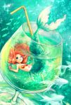  1girl blue_eyes cup fish highres long_hair mermaid monster_girl navel orange_hair smile solo straw water 