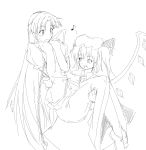  2girls blush braid carrying dress flandre_scarlet happy hat height_difference hong_meiling long_hair monochrome multiple_girls musical_note nervous niwatazumi no_hat no_headwear princess_carry short_hair side_ponytail smile surprised_arms touhou twin_braids very_long_hair wings 