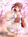  1girl :d absurdres amami_haruka bag blazer brown_hair cherry_blossoms cherry_trees green_eyes highres hina_(nicoseiga) idolmaster open_mouth path road skirt smile tagme watch watch 