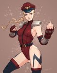  1girl alternate_costume belt blonde_hair blue_eyes bodypaint braid cammy_white capcom elbow_gloves fingerless_gloves gloves hat highres jay27 leotard peaked_cap scar shoulder_pads solo street_fighter thigh-highs twin_braids vega_(cosplay) 