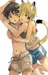  2boys animal_ears barefoot fangs highres hug hug_from_behind male multiple_boys navel open_mouth original rand_(artist) shirt_lift short_hair shorts simple_background tail white_background wink 