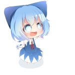  1girl akisha blue_eyes blue_hair blush bow chibi cirno dress fang hair_bow ice ice_wings open_mouth smile solo touhou white_background wings 