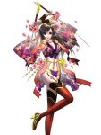  1girl arms_up artist_request black_hair bracer breasts capcom cleavage dual_wielding floral_print high_heels japanese_clothes large_breasts long_hair mochizuki_chiyome_(sengoku_saga) official_art onimusha onimusha_soul petals scarf sengoku_saga shoes smile solo sword thigh-highs weapon wide_sleeves 