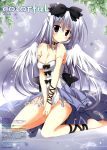  1girl absurdres barefoot bow breasts cleavage collar commentary dress hair_bow highres kneeling korie_riko silver_hair skirt spaghetti_strap tagme violet_eyes white_wings wings 