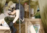  2boys america_(hetalia) axis_powers_hetalia blonde_hair blue_eyes boots camouflage camouflage_pants crate cup detonator earpiece green_eyes grin jewelry multiple_boys ring short_hair smile sunglasses tank_top teacup tent united_kingdom_(hetalia) 