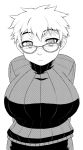  1girl arms_behind_back breasts character_request freckles glasses huge_breasts large_breasts looking_at_viewer monochrome ribbed_sweater short_hair smile solo sweater tsukudani_(coke-buta) turtleneck turtleneck_sweater 