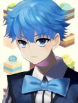  1boy 359-1059 blue_eyes blue_hair bowtie cake caster_(fate/extra_ccc) fate/extra_ccc fate_(series) food solo vest 