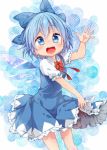  1girl blue_eyes blue_hair bow cirno dress hair_bow ice ice_wings jigatei_(omijin) open_mouth ribbon short_hair solo touhou waving wings 