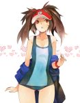  1girl bare_shoulders brown_eyes brown_hair clothed_navel female genderswap hips kyouhei_(pokemon) long_hair off_shoulder parted_lips pokemon pokemon_(game) pokemon_bw2 solo swimsuit tribute twintails visor_cap wristband 