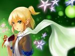 1girl blonde_hair blouse bust eyelashes fingerless_gloves gloves green_background green_eyes highres light_particles lips looking_at_viewer mizuhashi_parsee payot pointy_ears ponytail ribbon scarf short_hair simple_background solo star touhou wrist_cuffs yomio 