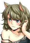  1girl :3 adjusting_hair animal_ears blue_eyes brown_hair cat_ears facial_hair green_eyes heterochromia idolmaster idolmaster_cinderella_girls karute mole mustache short_hair smile solo takagaki_kaede 