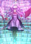  1girl arms_up black_legwear bookshelf boots crescent dress floating floating_book hair_ribbon hat highres koruse long_hair long_sleeves magic_circle open_clothes open_coat pantyhose patchouli_knowledge purple_dress purple_hair ribbon solo striped striped_dress touhou tress_ribbon very_long_hair violet_eyes 