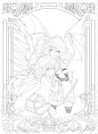  2girls alternate_costume bat_wings dress flandre_scarlet flower hair_flower hair_ornament highres holding_hands i-la lineart long_hair looking_at_viewer monochrome multiple_girls remilia_scarlet sitting skirt smile thigh-highs touhou wariza wings 