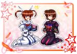  2girls blush bow brown_hair closed_eyes divinebuster12 feathers fingerless_gloves gloves hair_ribbon lyrical_nanoha magical_girl mahou_shoujo_lyrical_nanoha mahou_shoujo_lyrical_nanoha_a&#039;s mahou_shoujo_lyrical_nanoha_a&#039;s_portable:_the_battle_of_aces material-s multiple_girls open_mouth playstation_portable puffy_sleeves ribbon seiza short_hair short_sleeves short_twintails sitting smile star takamachi_nanoha tears twintails violet_eyes wariza 