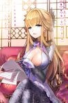  1girl aile_(crossroads) beads blonde_hair blue_eyes breasts cleavage couch dress floral_print gloves hair_ornament large_breasts long_hair open_mouth pantyhose paper sitting solo sword_girls 