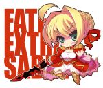  ahoge armor blonde_hair breasts chibi cleavage crazy_developers dress epaulettes fate/extra fate_(series) greaves green_eyes hair_bun hair_ribbon ribbon saber_extra smile sword weapon 
