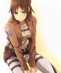  1girl belt blue_hair blush eren_jaeger genderswap green_eyes jacket kappe_reeka military military_uniform shingeki_no_kyojin sitting suspenders thigh_strap uniform 