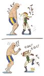  1boy 1girl ahoge anger_vein angry ankle_wraps bald barefoot beret blonde_hair blue_eyes boots braid cammy_white camouflage chibi eyepatch fighting_stance fingerless_gloves gloves hat leotard long_hair masorin muscle sagat scar shirtless shorts street_fighter street_fighter_iv sweatdrop translation_request wrist_wraps 
