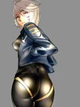  1girl ass bodysuit dodai_shouji grey_background highres jacket looking_at_viewer looking_back red_eyes short_hair silver_hair simple_background solo thigh_gap uchuu_senkan_yamato_2199 yamamoto_akira 