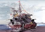  an-chang anchor battleship beach cannon caterpillar_tracks flag military navy ocean pixiv_fantasia pixiv_fantasia_new_world sail sails ship smoke smokestack water weapon 