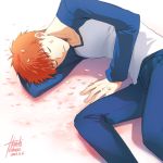  1boy dated emiya_shirou fate/stay_night fate_(series) haneki orange_hair raglan_sleeves redhead signature sleeping solo 