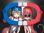  2girls :&lt; alternate_costume blonde_hair blue_gloves breasts brown_hair chamupei closed_eyes collarbone fang gloves helmet looking_at_viewer magnet mouse_tail multicolored_hair multiple_girls nazrin open_mouth red_eyes red_gloves shaded_face sling_bikini smile swimsuit tail toramaru_shou touhou two-tone_hair 