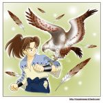  1boy bird brown_hair eagle feathers rakudai_ninja_rantarou tyler watermark web_address 