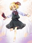  1girl ascot barefoot blonde_hair fang hair_ribbon long_sleeves looking_at_viewer murani open_mouth outstretched_arms red_eyes red_shoes ribbon rumia shirt shoes shoes_removed skirt skirt_set solo touhou vest 