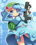  1girl assault_rifle backpack bag blue_eyes blue_hair breasts gun hair_bobbles hair_ornament hat kawashiro_nitori large_breasts long_sleeves looking_at_viewer magpul_pdr midriff navel pocket rifle ruku_rx salute shirt skirt skirt_set smile solo touhou twintails upskirt weapon 