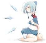  1girl absurdres barefoot bloomers blue_eyes blue_hair bow cirno dzuu hair_bow highres ice ice_wings open_mouth puffy_sleeves shirt short_hair short_sleeves simple_background sitting skirt skirt_set solo touhou underwear vest white_background wings 