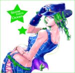  1girl blue_eyes braid double_bun green_hair hat jojo_no_kimyou_na_bouken kuujou_jolyne lipstick makeup midriff multicolored_hair solo two-tone_hair waka54 