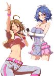  2girls blue_hair breasts character_request clearite cleavage highres idolmaster jewelry microphone midriff multiple_girls navel necklace red_eyes skirt sweat 