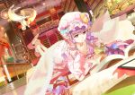  119 1girl blanket book bookshelf crescent doughnut down_blouse dress floating hair_ribbon hat legs_up library long_hair long_sleeves mouse open_clothes open_coat open_mouth patchouli_knowledge pink_shoes purple_dress purple_hair ribbon slippers solo stick touhou tress_ribbon violet_eyes wide_sleeves 