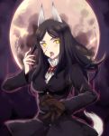  1girl animal_ears black_hair blood blush character_request coat full_moon gloves kyougoku_shin long_hair looking_at_viewer moon night open_mouth solo tail tongue yellow_eyes 