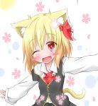  1girl animal_ears blonde_hair blush_stickers cat_ears cat_tail cherry_blossoms fang hair_ribbon oden_(artist) petals red_eyes ribbon rumia solo symbol-shaped_pupils tail touhou wink 