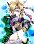  1boy artist_name aya_(1006826792) blonde_hair bubble caesar_anthonio_zeppeli covering_face dated facial_mark feathers fingerless_gloves gloves green_eyes green_jacket headband highres jacket jojo_no_kimyou_na_bouken scarf signature solo 