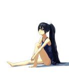  1girl artist_request bare_legs bare_shoulders barefoot black_hair ganaha_hibiki green_eyes highres idolmaster long_hair parted_lips ponytail rough school_swimsuit sitting solo swimsuit very_long_hair wet 