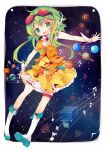  1girl ana_(rznuscrf) fang goggles green_eyes green_hair gumi highres looking_at_viewer musical_note open_mouth short_hair smile solo vocaloid 