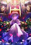  1girl arm_support ascot bat_wings bone brooch chain church cross dress flower hat hat_ribbon jewelry looking_at_viewer pink_dress puffy_sleeves purple_hair red_rose remilia_scarlet ribbon rose ryosios short_hair short_sleeves sitting skull smile solo statue throne touhou violet_eyes wings 