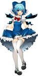  1girl adapted_costume blue_eyes blue_hair bow cirno dress dress_lift frills hair_bow ice kinakomoti open_mouth shoes short_hair simple_background smile solo thigh-highs touhou white_background white_legwear wings 