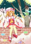  1girl ascot bird bird_on_hand blonde_hair fang flandre_scarlet hat hat_ribbon highres puffy_sleeves red_eyes red_shoes ribbon shirt shoes short_sleeves side_ponytail sitting_on_object skirt skirt_set smile solo touhou tree vest wall wings yuimari 