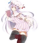  1girl absurdres black_legwear blush book breasts capelet dress dzuu grey_eyes hat highres large_breasts long_hair long_sleeves looking_at_viewer patchouli_knowledge purple_dress purple_hair simple_background solo striped striped_dress thigh-highs touhou turning very_long_hair white_background wide_sleeves zettai_ryouiki 