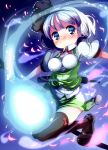  1girl black_legwear blue_eyes hair_ribbon konpaku_youmu konpaku_youmu_(ghost) petals ribbon short_hair silver_hair solo thigh-highs touhou yofukashi 