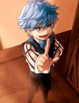  1boy blue_eyes blue_hair bowtie caster_(fate/extra_ccc) fate/extra_ccc fate_(series) pointing shiori_(1095951) smile solo vest 