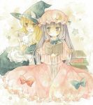  2girls blonde_hair book crescent kagome_f kirisame_marisa looking_back multiple_girls open_book patchouli_knowledge purple_hair side_glance star touhou traditional_media watercolor_(medium) 